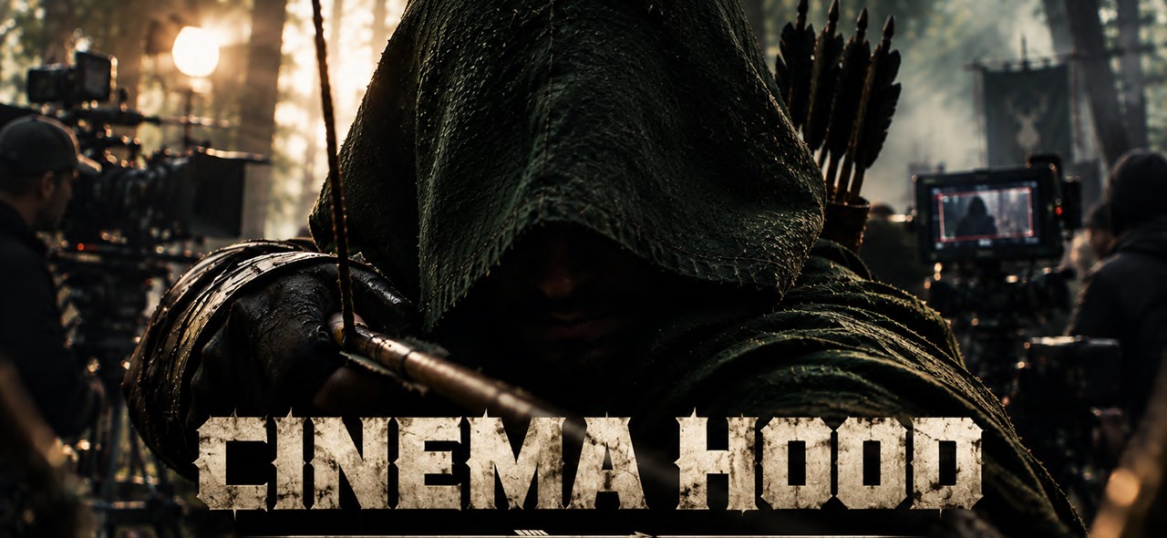 Arquero encapuchado en un rodaje de cine en el bosque — Cinema Hood, una nueva forma de hacer cine