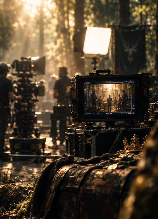 Equipo de rodaje trabajando en un set en el bosque al amanecer