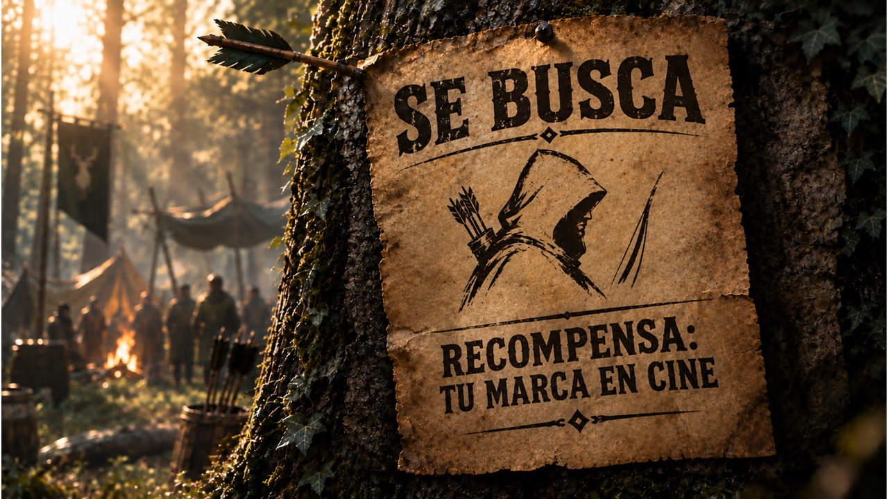 Cartel de 'se busca' clavado a un árbol con una flecha, junto a un campamento de rodaje en el bosque al amanecer